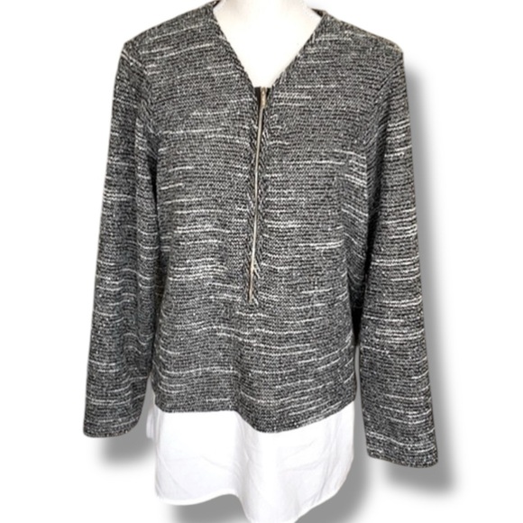 Calvin Klein Black White Tunic Top Logo Zipper Silver Accent Tiered Layer Sz 0X - Picture 3 of 15